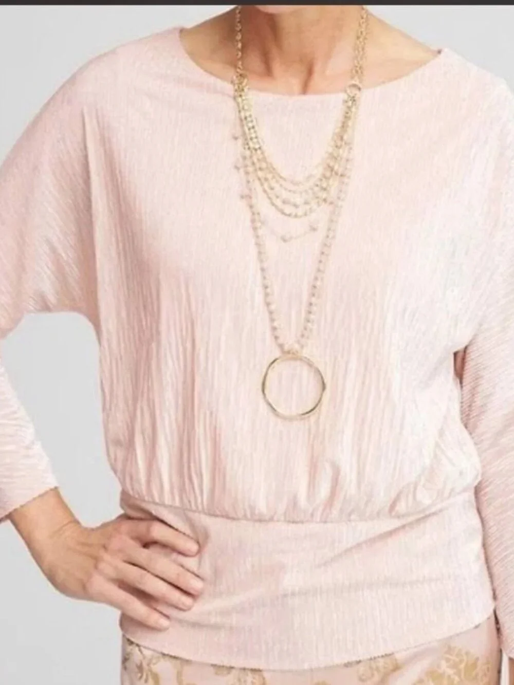 Chicos Velvet Crinkle Top Womens 2/Large Rose Pink Banded Bottom Long Sleeve NEW - Picture 2 of 12